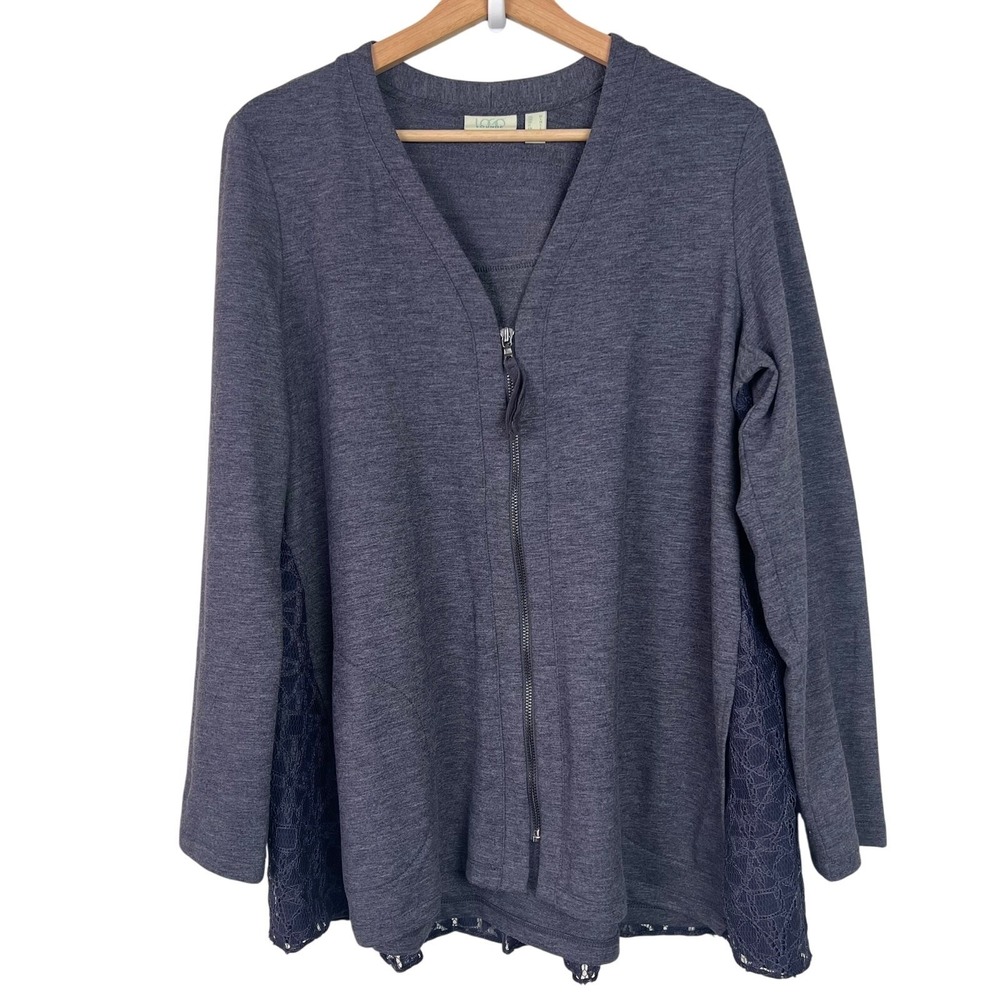 LOGO Lounge by Lori Goldstein Medium Blue Zip Front Cardigan with Lace Back